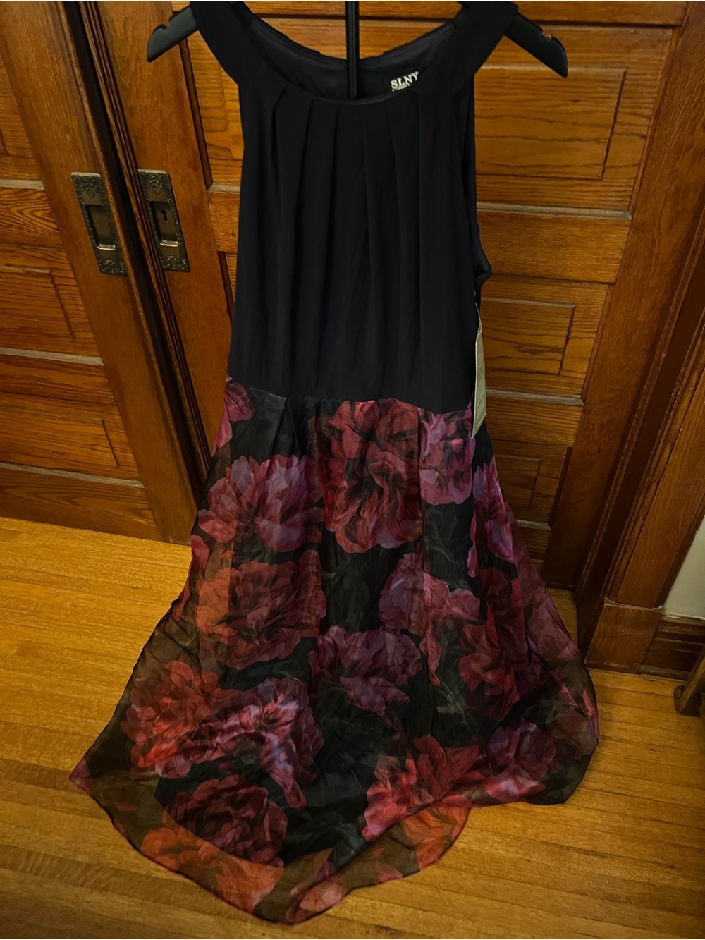 SLNY Black Bodice Maxi Dress with Burgundy Floral Skirt